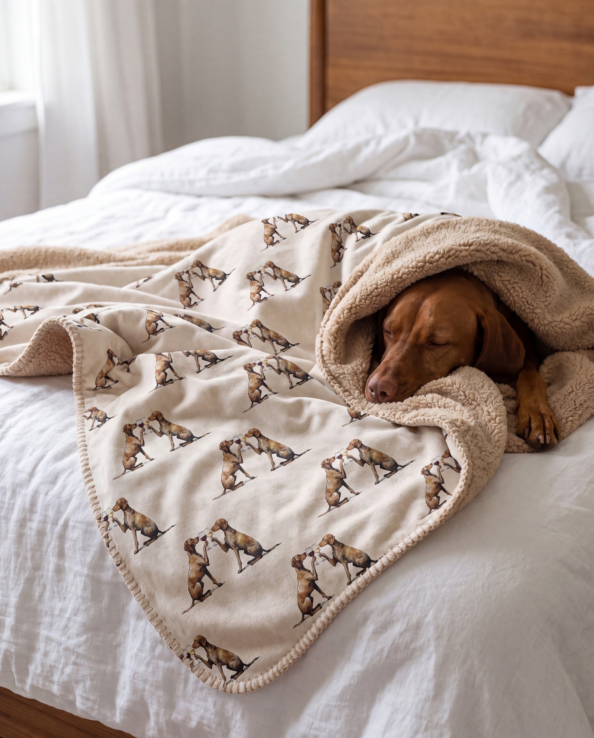 Vizsla curled asleep in a Happy Hour Vizsla sherpa blanket on a bed