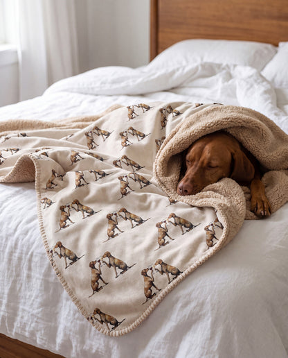 Vizsla curled asleep in a Happy Hour Vizsla sherpa blanket on a bed