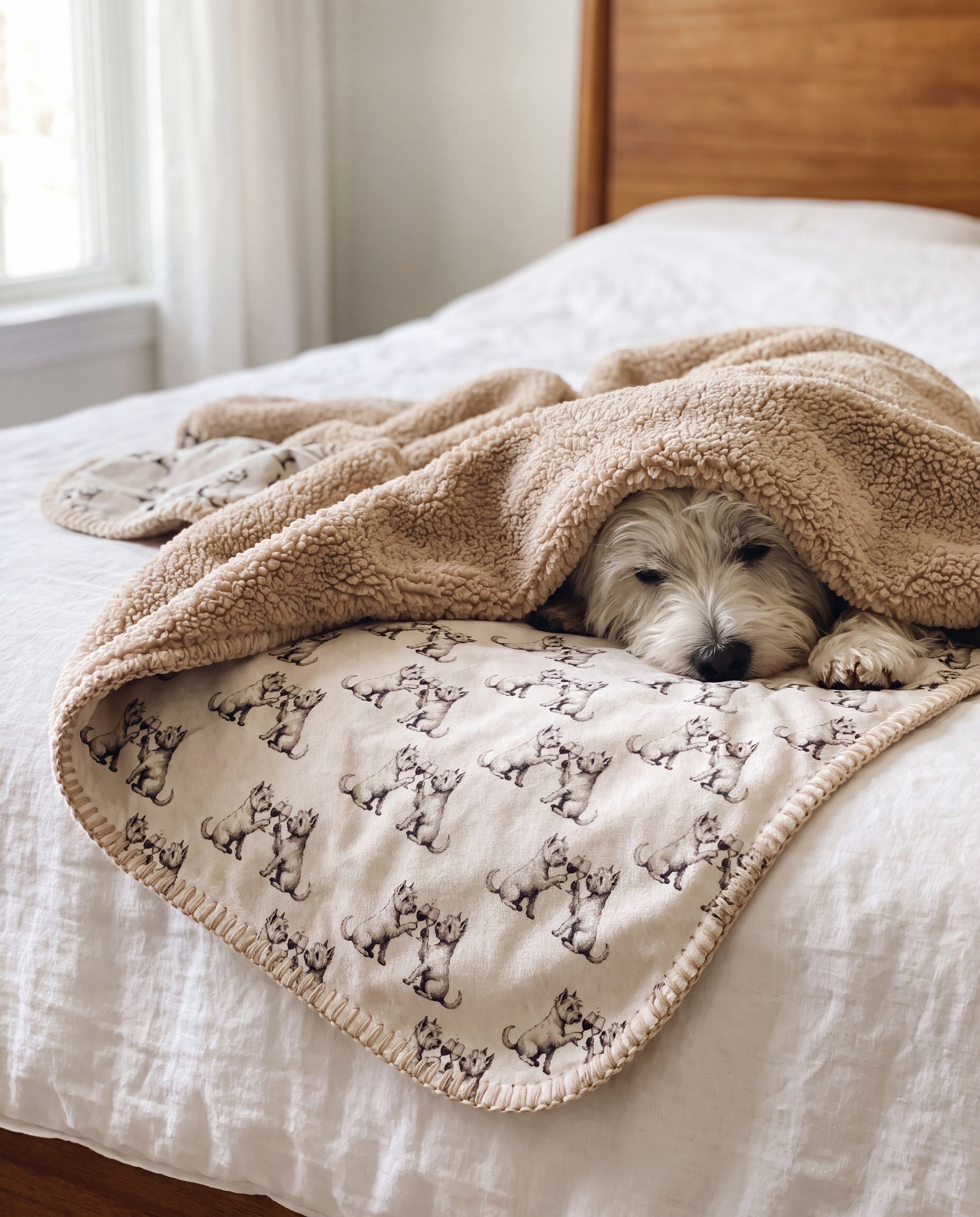 Westie curled asleep in a Happy Hour Westie sherpa blanket on a bed
