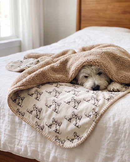 Westie curled asleep in a Happy Hour Westie sherpa blanket on a bed