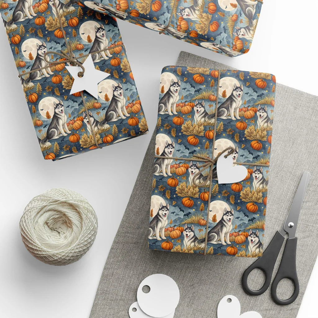 Howl-o-ween Siberian Husky Halloween Wrapping Paper — styled gift wrapping with scissors and twine