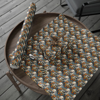 Howl-o-ween Siberian Husky Halloween Wrapping Paper — gift wrapping presented on a wooden table
