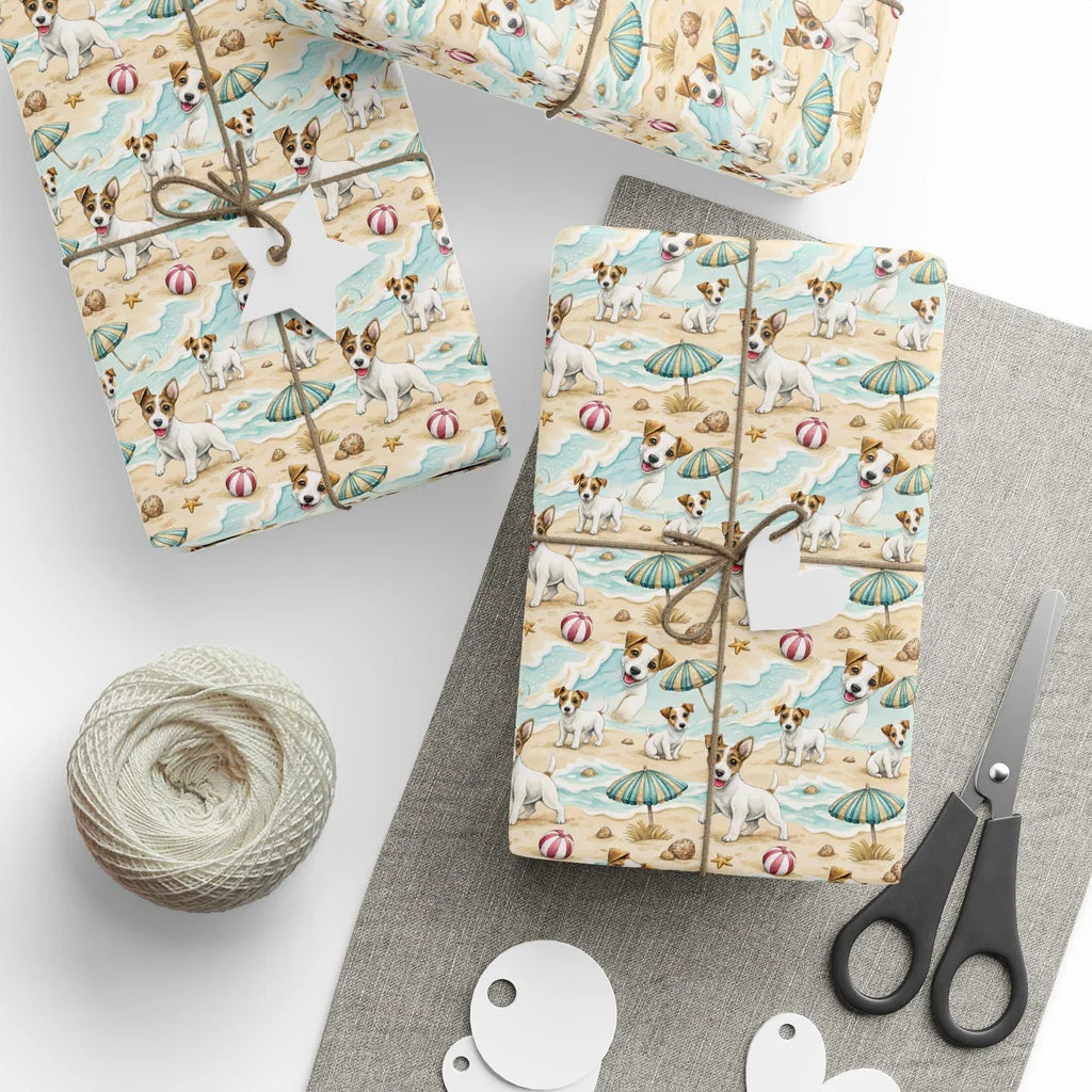 Jack Russell Terrier Beach Wrapping Paper — styled gift wrapping with scissors and twine