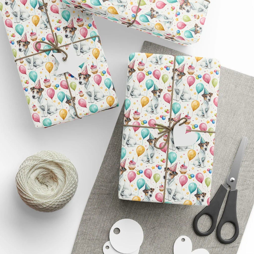 Jack Russell Terrier Birthday Wrapping Paper — styled gift wrapping with scissors and twine