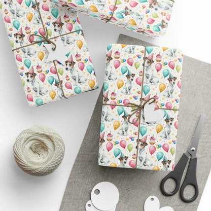 Jack Russell Terrier Birthday Wrapping Paper — styled gift wrapping with scissors and twine