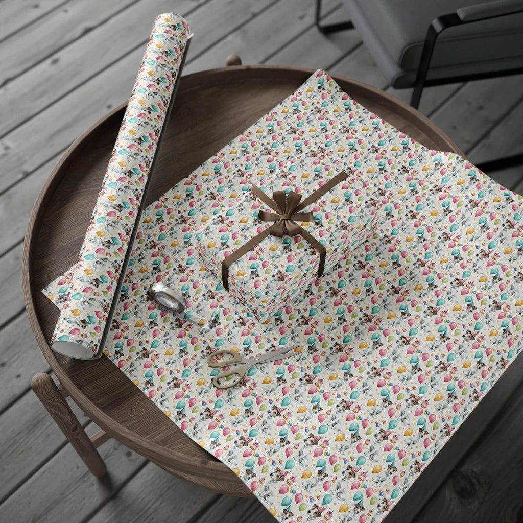 Jack Russell Terrier Birthday Wrapping Paper — gift wrapping presented on a wooden table