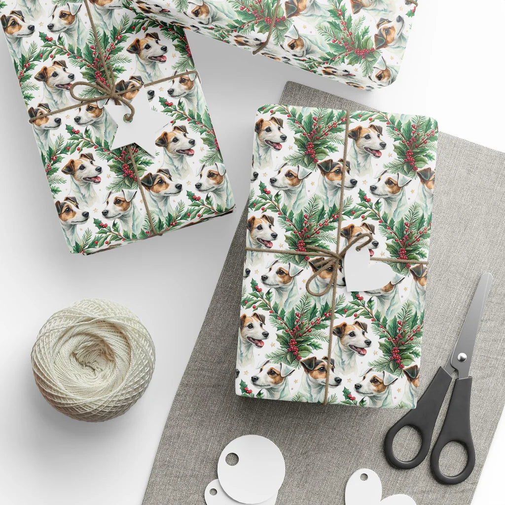 Jack Russell Terrier Portrait Wreath Wrapping Paper — styled gift wrapping with scissors and twine