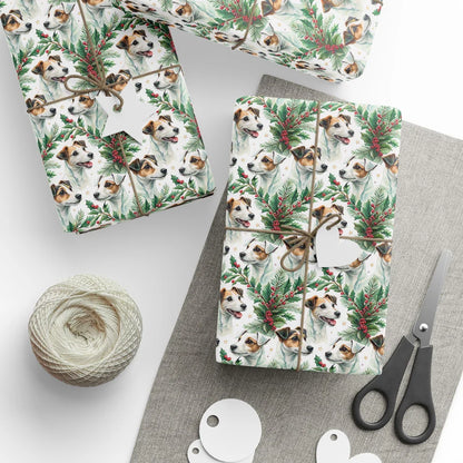 Jack Russell Terrier Portrait Wreath Wrapping Paper — styled gift wrapping with scissors and twine