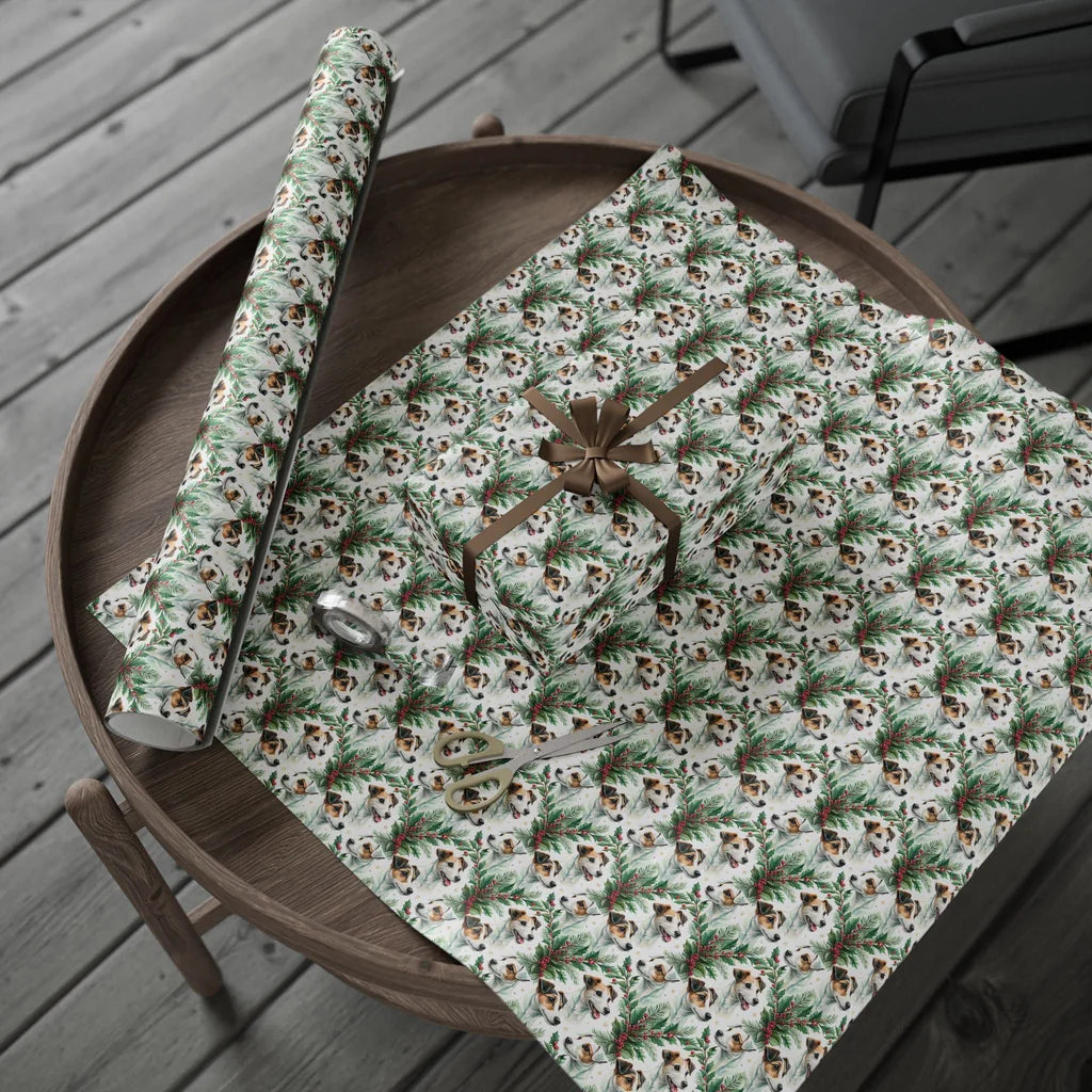Jack Russell Terrier Portrait Wreath Wrapping Paper — gift wrapping presented on a wooden table