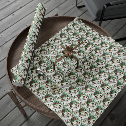 Jack Russell Terrier Portrait Wreath Wrapping Paper — gift wrapping presented on a wooden table
