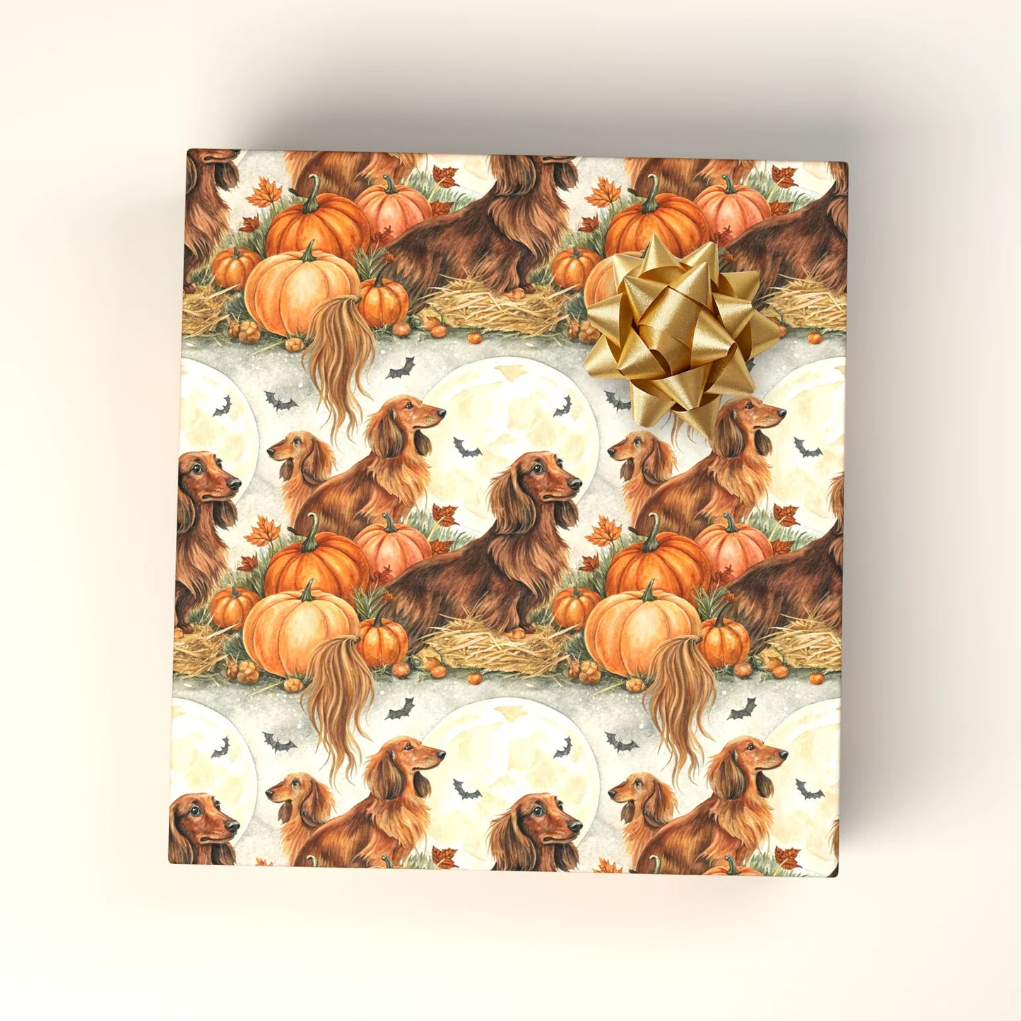 Long-Haired Dachshund Halloween Wrapping Paper — wrapped gift presentation