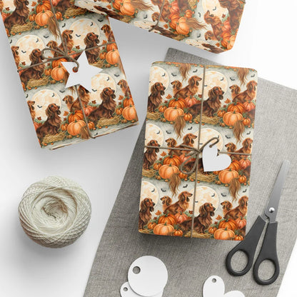 Long-Haired Dachshund Halloween Wrapping Paper — styled gift wrapping with scissors and twine