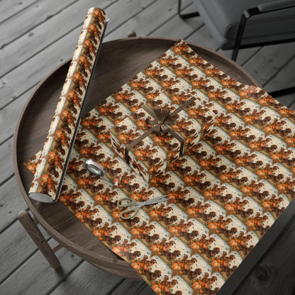 Long-Haired Dachshund Halloween Wrapping Paper — gift wrapping presented on a wooden table
