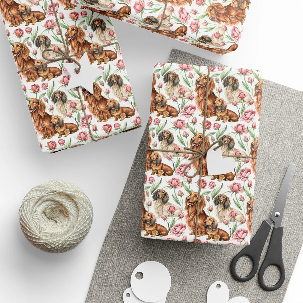 Long-Haired Dachshund Tulip Wrapping Paper — styled gift wrapping with scissors and twine