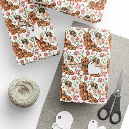 Long-Haired Dachshund Tulip Wrapping Paper — styled gift wrapping with scissors and twine