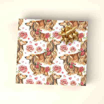 Long-Haired Dachshund Valentine's Day Wrapping Paper — wrapped gift presentation