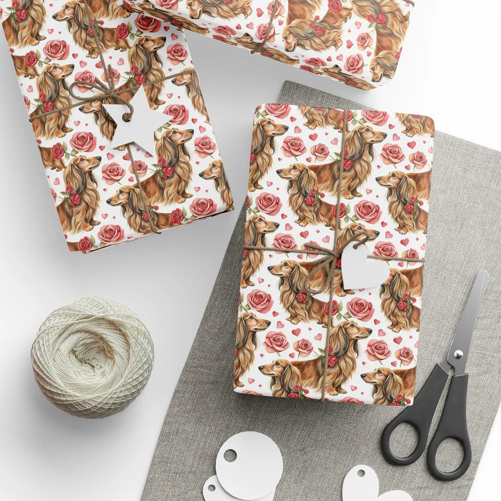 Long-Haired Dachshund Valentine's Day Wrapping Paper — styled gift wrapping with scissors and twine