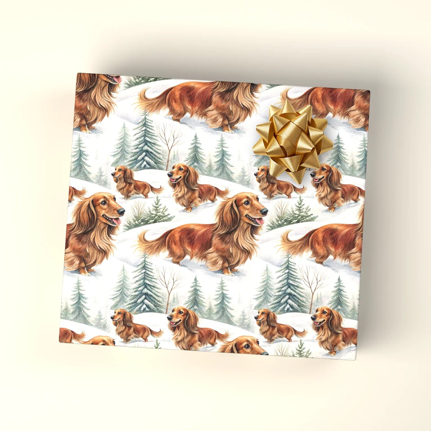 Long-Haired Dachshund Winter Wrapping Paper — wrapped gift presentation