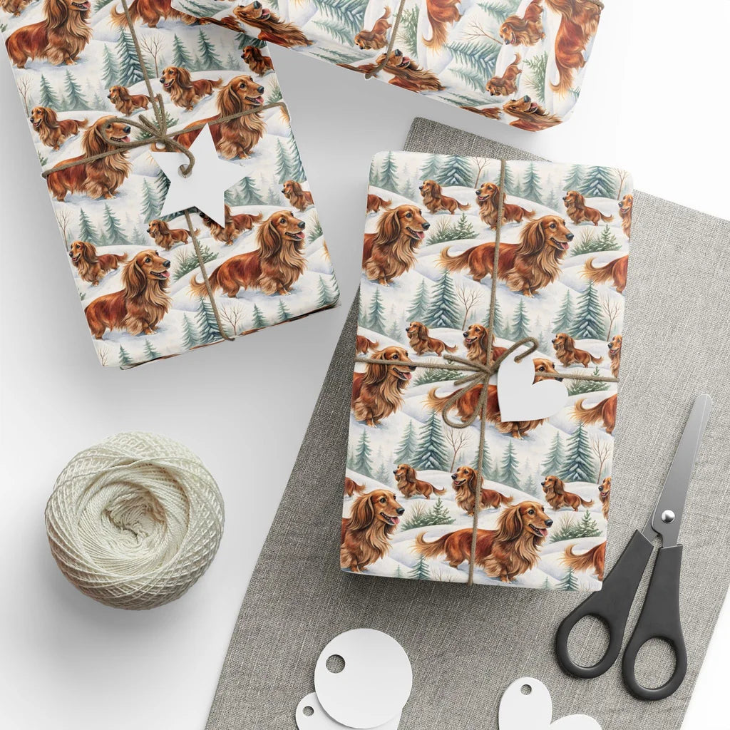 Long-Haired Dachshund Winter Wrapping Paper — styled gift wrapping with scissors and twine