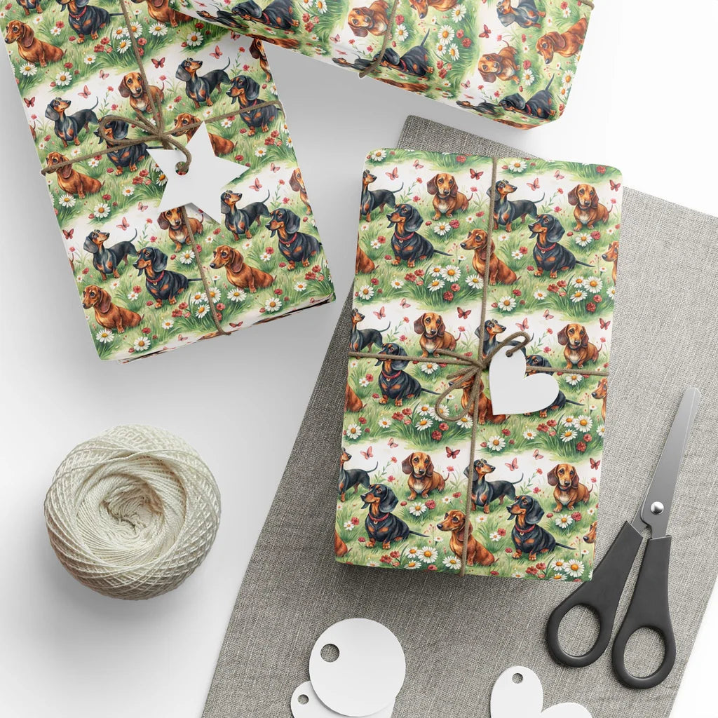 Long on Charm: Dachshund Floral Wrapping Paper — styled gift wrapping with scissors and twine