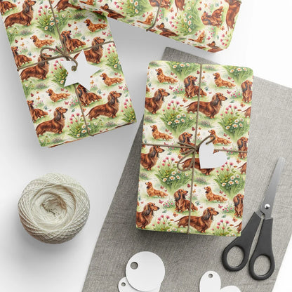 Long on Charm: Dachshund Garden Wrapping Paper — styled gift wrapping with scissors and twine