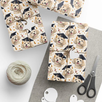 Maltipoo Graduation Wrapping Paper — styled gift wrapping with scissors and twine