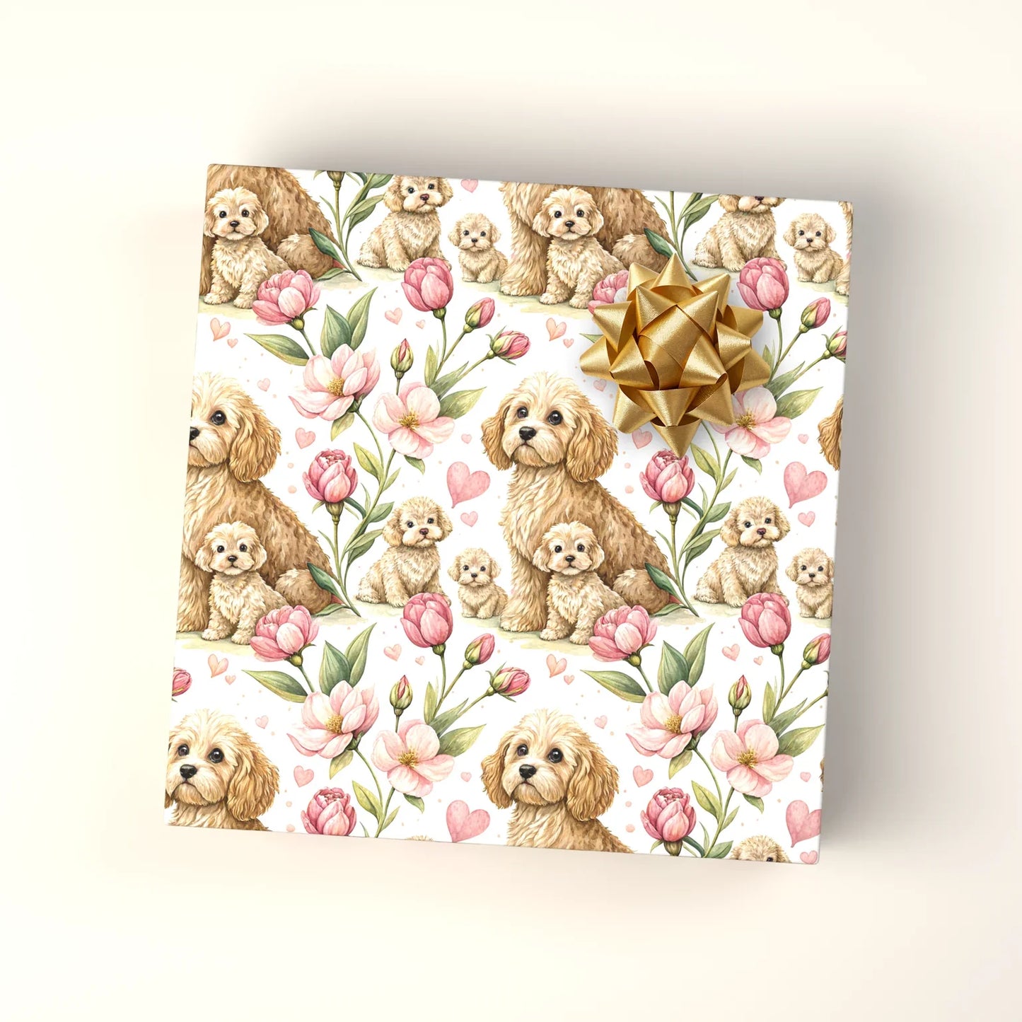 Mama Cockapoo and Puppies Floral Wrapping Paper — wrapped gift presentation