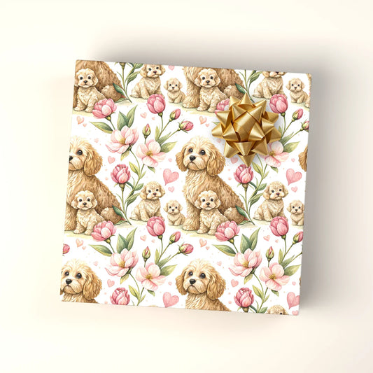 Mama Cockapoo and Puppies Floral Wrapping Paper — wrapped gift presentation