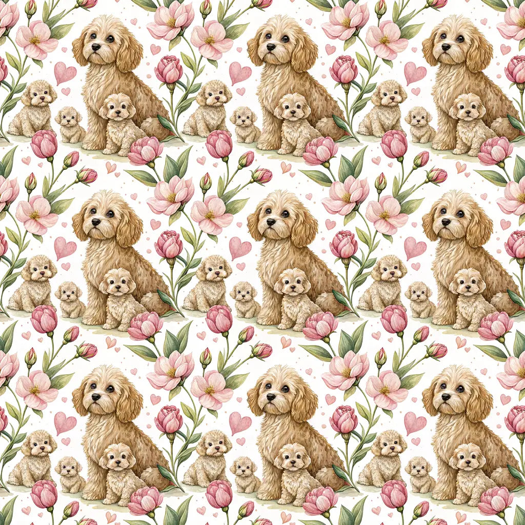 Mama Cockapoo and Puppies Floral Wrapping Paper — repeating pattern tile