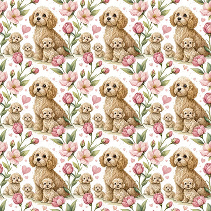 Mama Cockapoo and Puppies Floral Wrapping Paper — repeating pattern tile