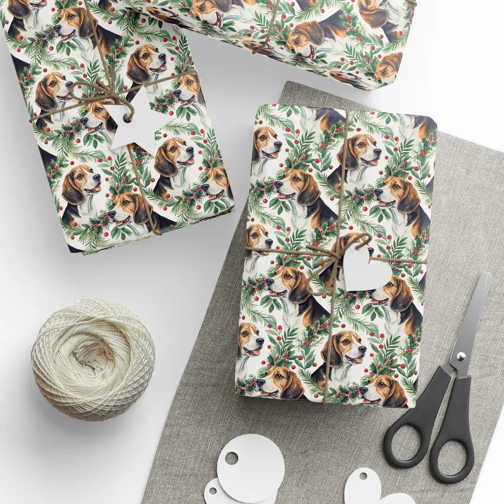Merry and Bright Beagle Christmas Wrapping Paper — styled gift wrapping with scissors and twine