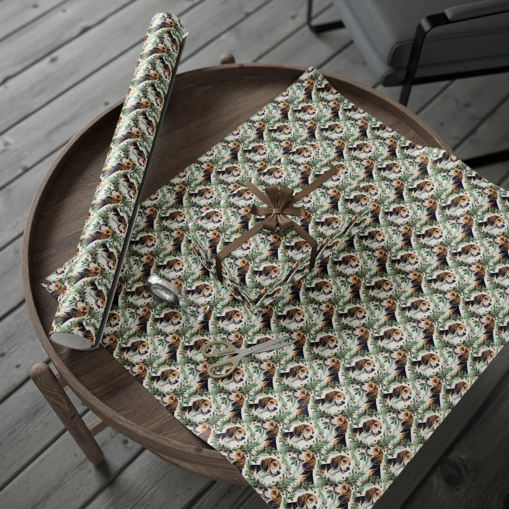 Merry and Bright Beagle Christmas Wrapping Paper — gift wrapping presented on a wooden table