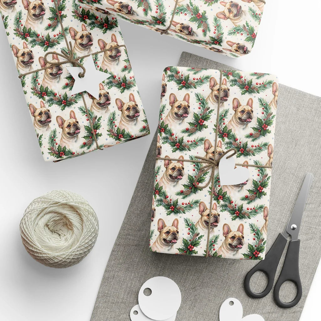 Merry & Bright French Bulldog Christmas Wrapping Paper — styled gift wrapping with scissors and twine