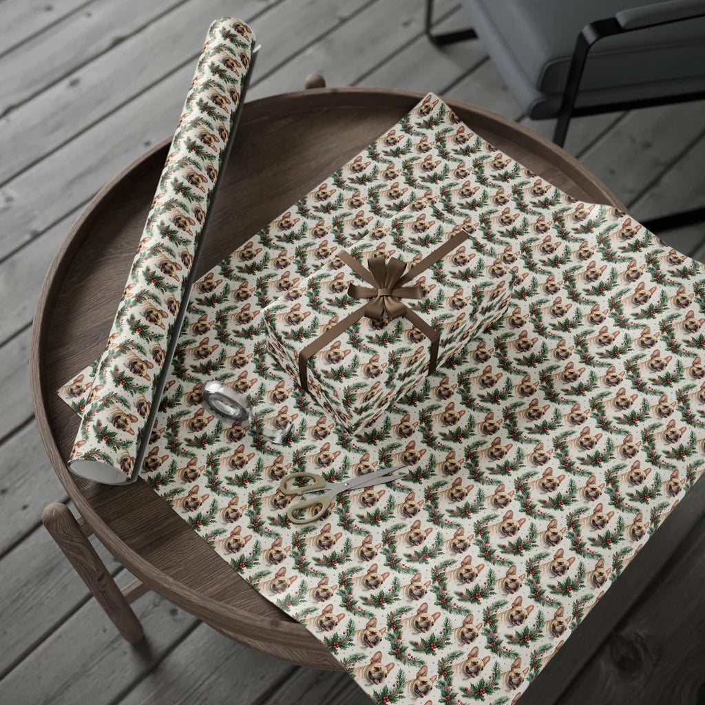Merry & Bright French Bulldog Christmas Wrapping Paper — gift wrapping presented on a wooden table
