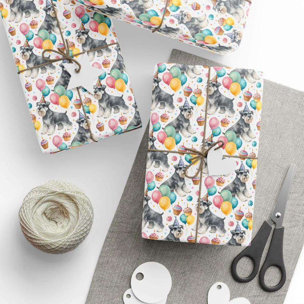 Miniature Schnauzer Birthday Wrapping Paper — styled gift wrapping with scissors and twine