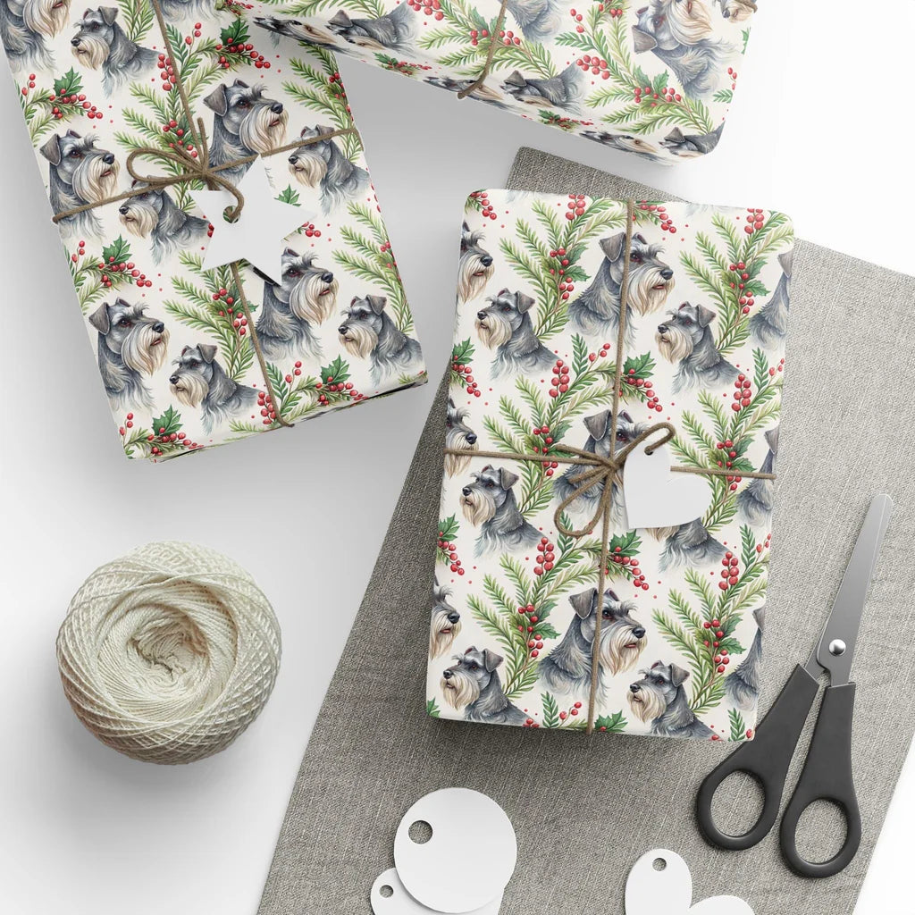 Miniature Schnauzer Portrait Wreath Wrapping Paper — styled gift wrapping with scissors and twine