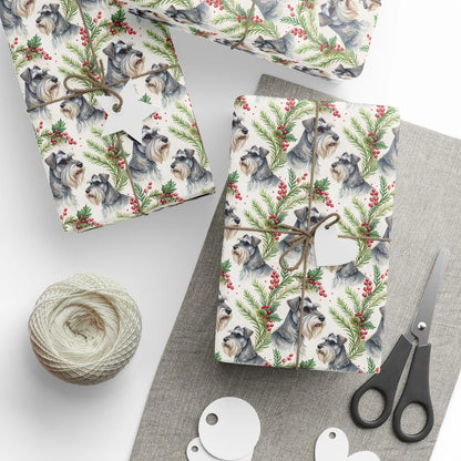 Miniature Schnauzer Portrait Wreath Wrapping Paper — styled gift wrapping with scissors and twine