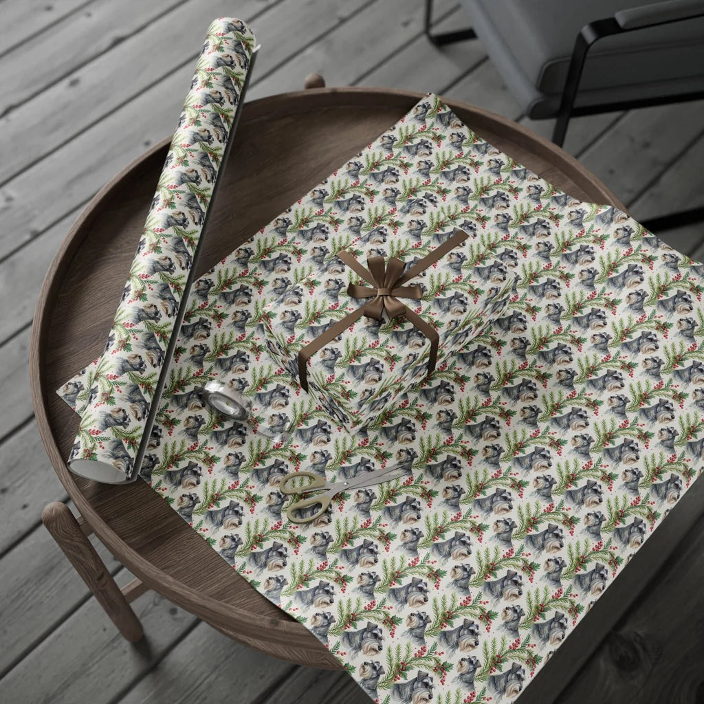 Miniature Schnauzer Portrait Wreath Wrapping Paper — gift wrapping presented on a wooden table