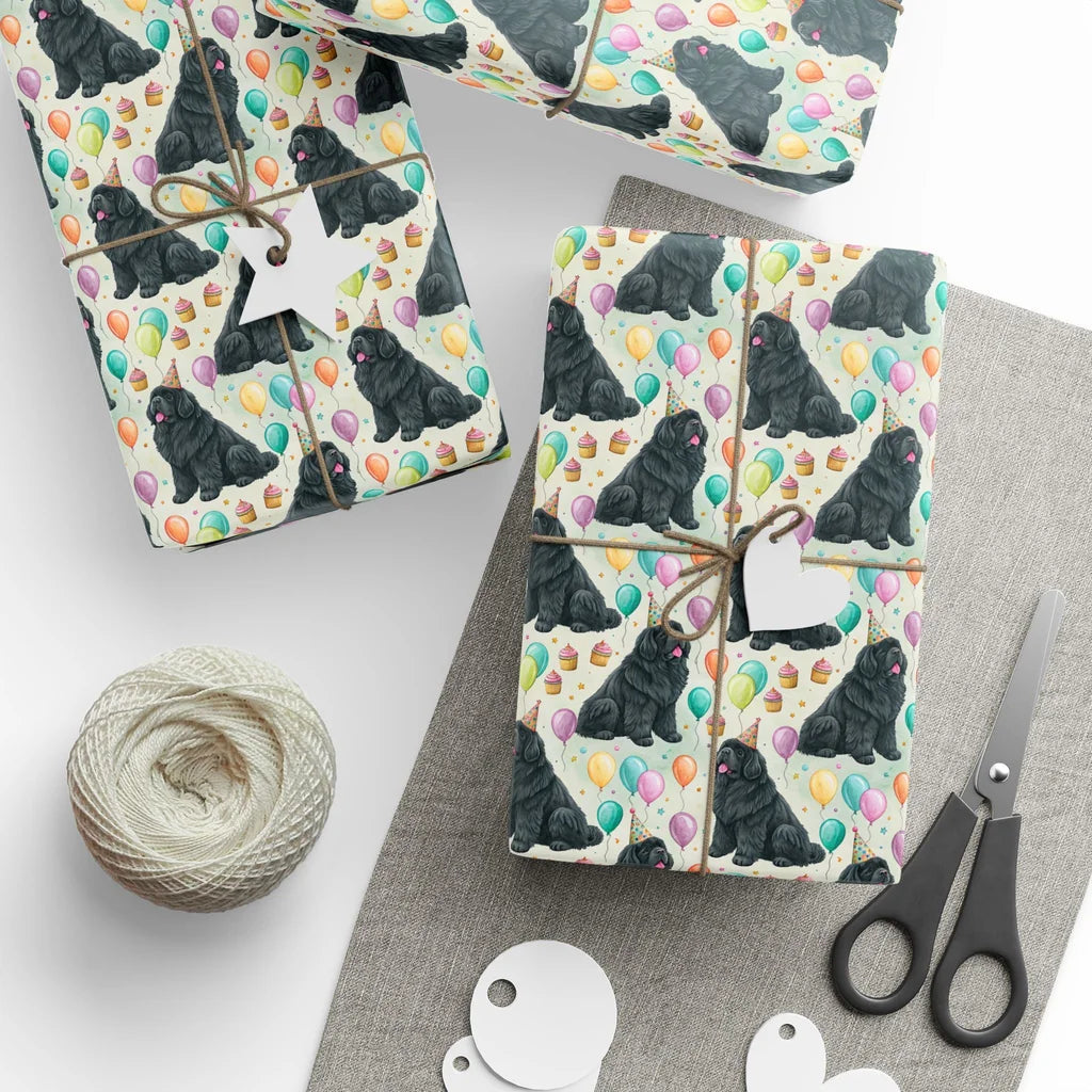 Newfoundland Birthday Wrapping Paper — styled gift wrapping with scissors and twine
