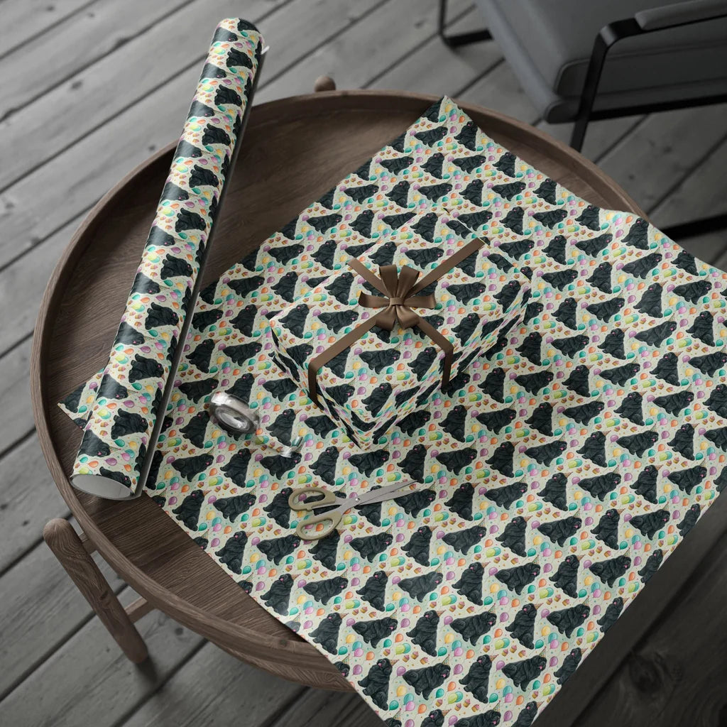 Newfoundland Birthday Wrapping Paper — gift wrapping presented on a wooden table