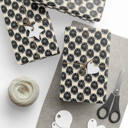 Newfoundland Portrait Wrapping Paper — styled gift wrapping with scissors and twine