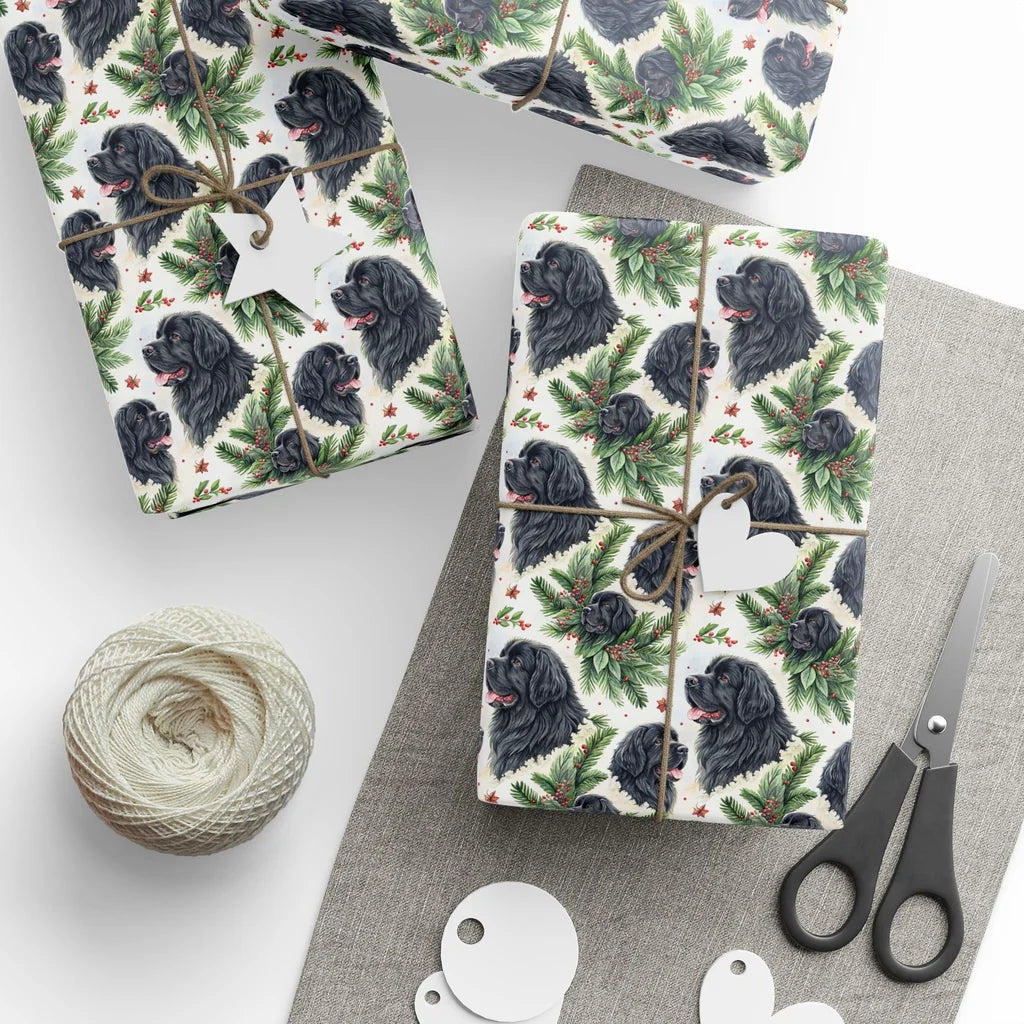 Newfoundland Portrait Wreath Wrapping Paper — styled gift wrapping with scissors and twine