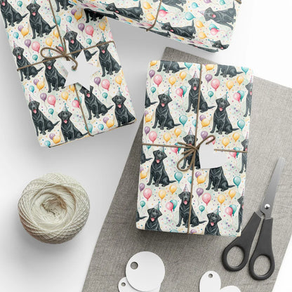 Party Animal: Black Lab Birthday Wrapping Paper — styled gift wrapping with scissors and twine