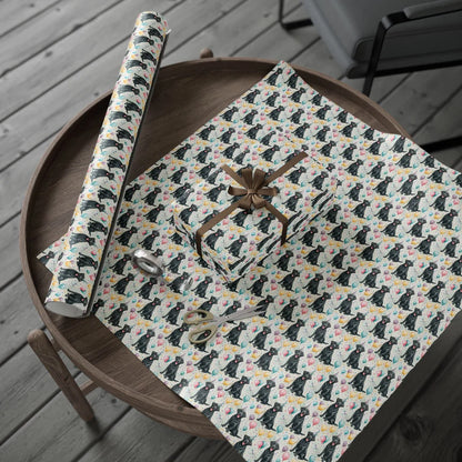 Party Animal: Black Lab Birthday Wrapping Paper — gift wrapping presented on a wooden table