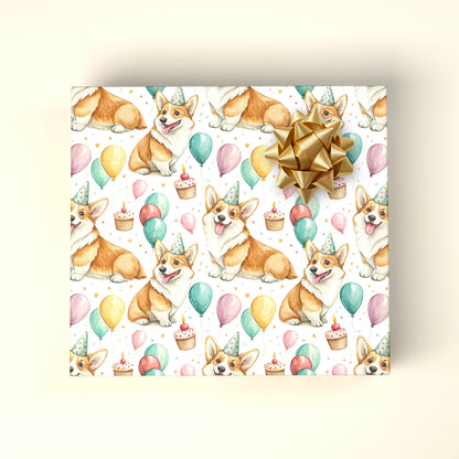 Party Animal: Corgi Birthday Wrapping Paper — wrapped gift presentation