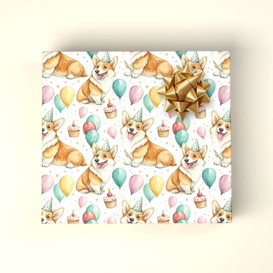 Party Animal: Corgi Birthday Wrapping Paper — wrapped gift presentation