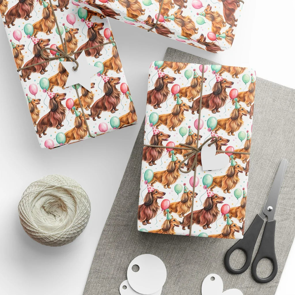 Party Animal: Dachshund Birthday Wrapping Paper — styled gift wrapping with scissors and twine