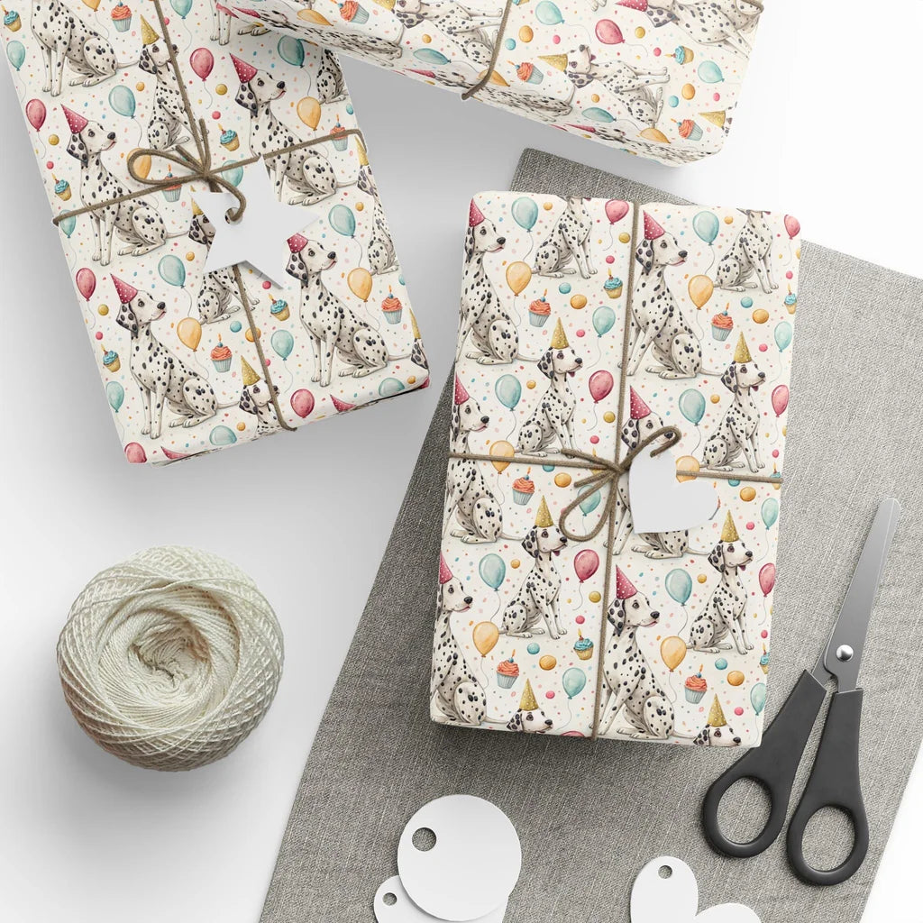 Party Animal: Dalmatian Birthday Wrapping Paper — styled gift wrapping with scissors and twine