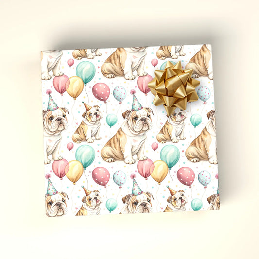 Party Animal: English Bulldog Birthday Wrapping Paper — wrapped gift presentation