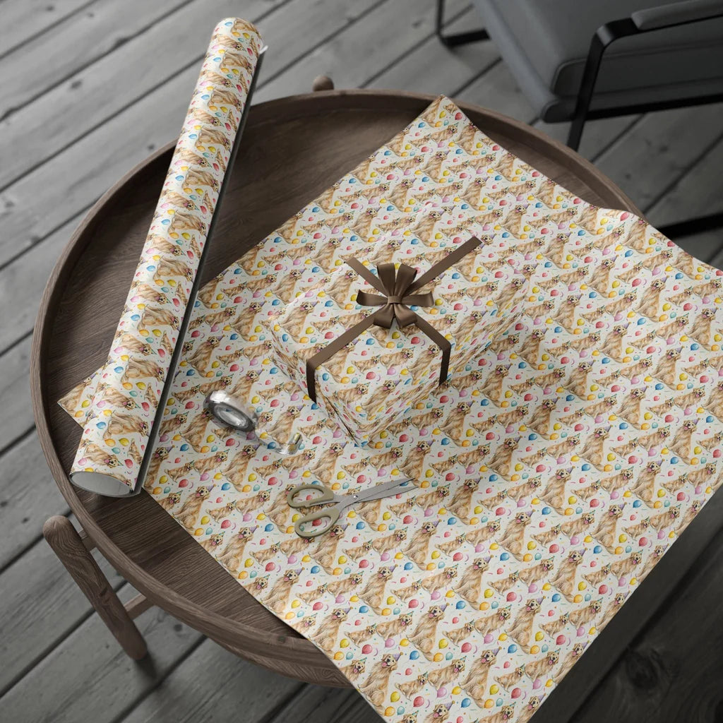 Party Animal: Golden Retriever Birthday Wrapping Paper — gift wrapping presented on a wooden table